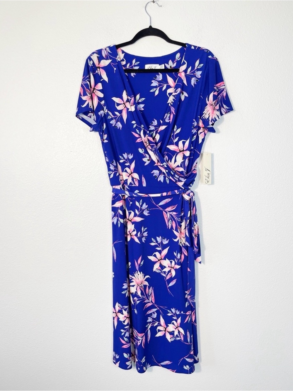 Eliza J Cobalt Blue Pink Floral Faux Wrap Short Sleeve Dress Size XL NEW